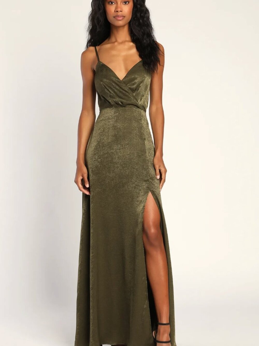 Lulus Constantine Olive Green Satin Maxi Dress M Bridesmaid